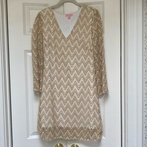 Lilly Pulitzer Beige and White Chevron Long Sleeve Dress